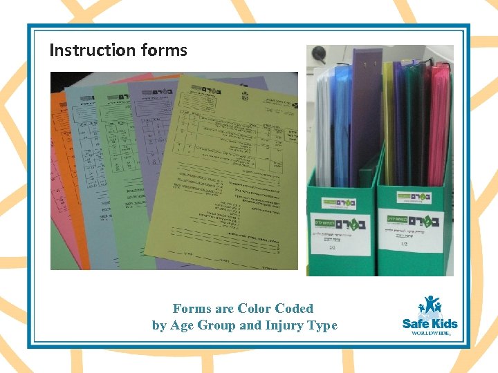 Instruction forms Forms are Color Coded by Age Group and Injury Type 