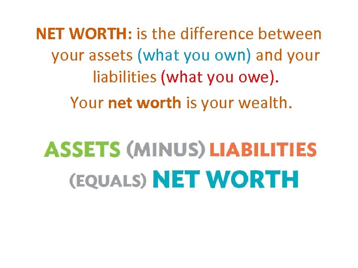 NET WORTH: is the difference between your assets (what you own) and your liabilities