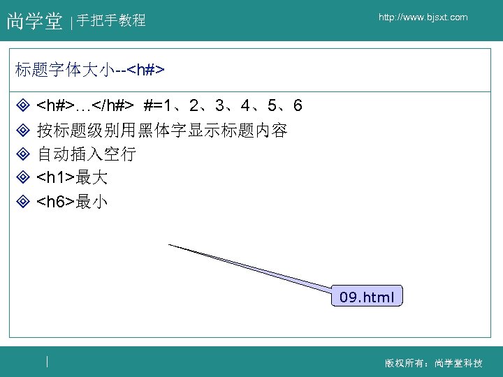 尚学堂 手把手教程 http: //www. bjsxt. com 标题字体大小--<h#> ³ <h#>…</h#> #=1、2、3、4、5、6 ³ 按标题级别用黑体字显示标题内容 ³ 自动插入空行