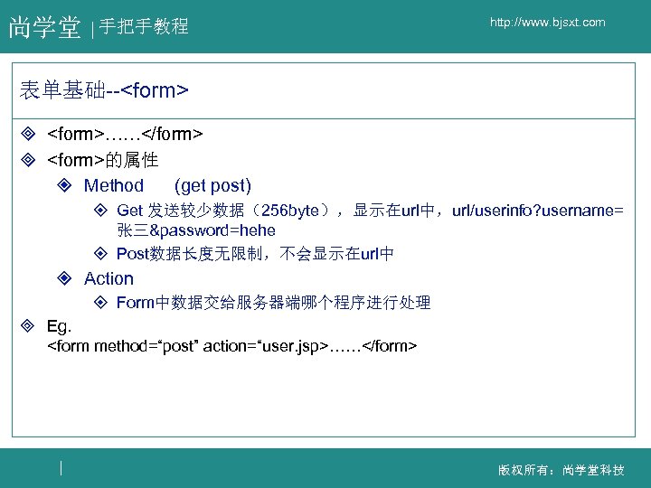 尚学堂 手把手教程 http: //www. bjsxt. com 表单基础--<form> ³ <form>……</form> ³ <form>的属性 ² Method (get