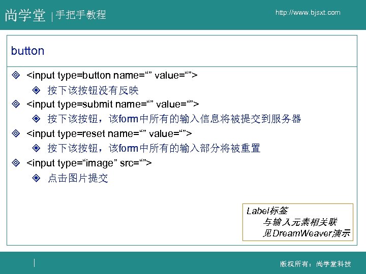 尚学堂 手把手教程 http: //www. bjsxt. com button ³ <input type=button name=“” value=“”> ² 按下该按钮没有反映