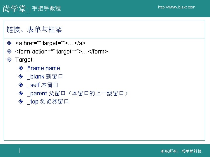 尚学堂 手把手教程 http: //www. bjsxt. com 链接、表单与框架 ³ <a href=“” target=“”>…</a> ³ <form action=“”