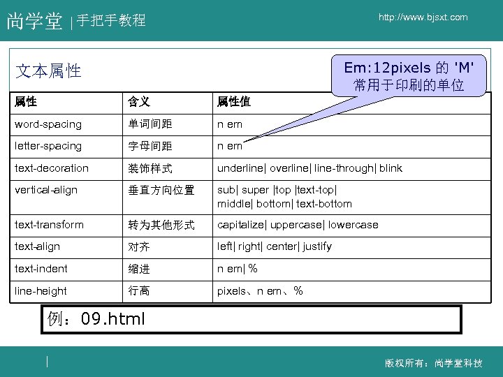 尚学堂 http: //www. bjsxt. com 手把手教程 Em: 12 pixels 的 'M' 常用于印刷的单位 文本属性 属性