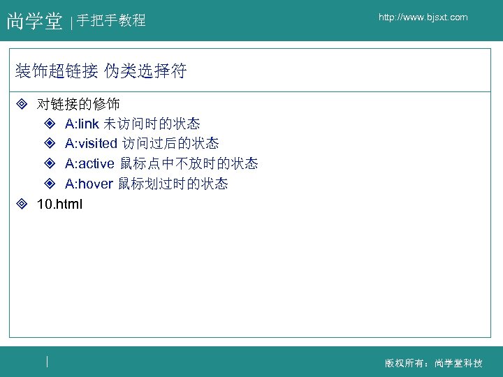 尚学堂 手把手教程 http: //www. bjsxt. com 装饰超链接 伪类选择符 ³ 对链接的修饰 ² A: link 未访问时的状态