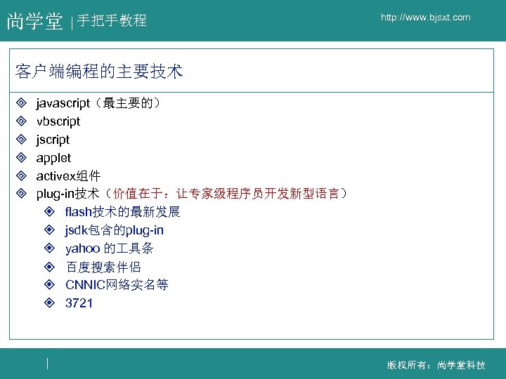 尚学堂 手把手教程 http: //www. bjsxt. com 客户端编程的主要技术 ³ ³ ³ javascript（最主要的） vbscript jscript applet