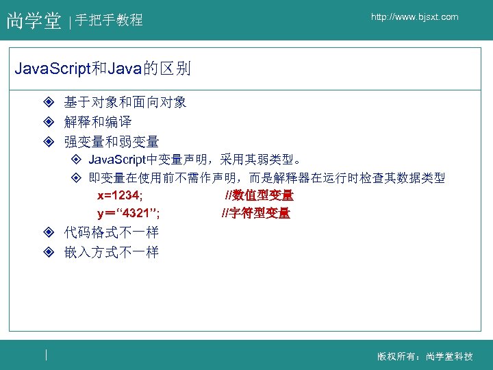 尚学堂 手把手教程 http: //www. bjsxt. com Java. Script和Java的区别 ² 基于对象和面向对象 ² 解释和编译 ² 强变量和弱变量