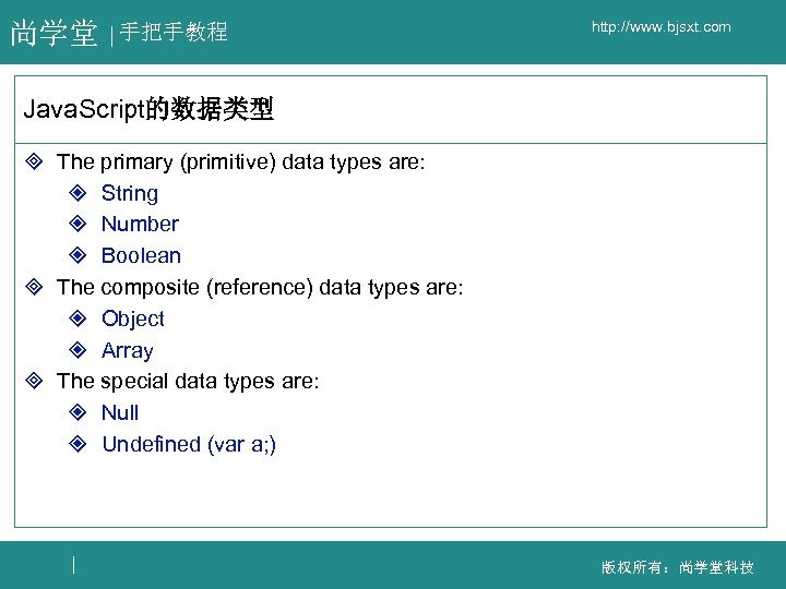 尚学堂 手把手教程 http: //www. bjsxt. com Java. Script的数据类型 ³ The primary (primitive) data types