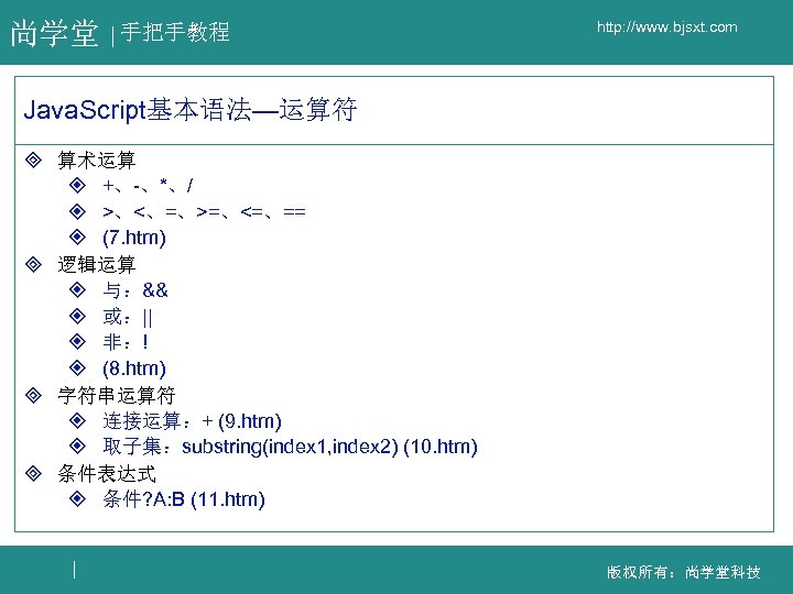 尚学堂 手把手教程 http: //www. bjsxt. com Java. Script基本语法—运算符 ³ 算术运算 ² +、-、*、/ ² >、<、=、>=、<=、==