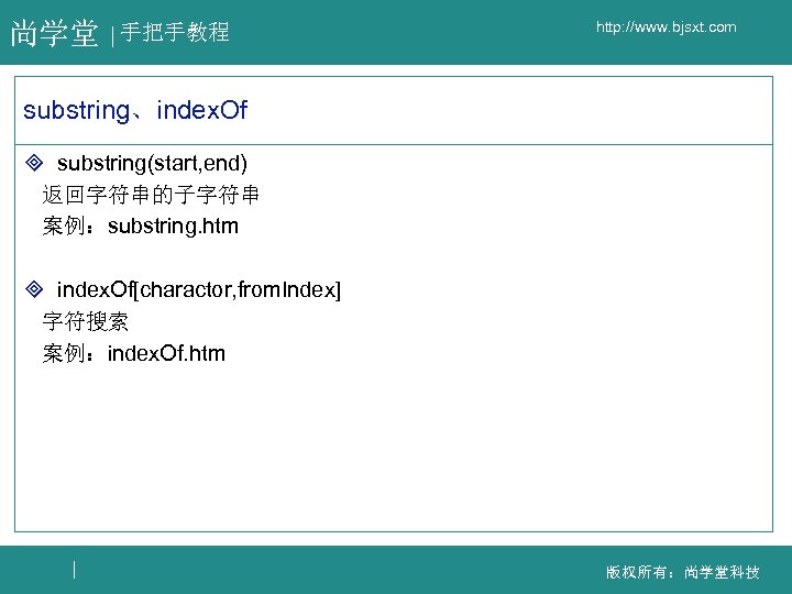 尚学堂 手把手教程 http: //www. bjsxt. com substring、index. Of ³ substring(start, end) 返回字符串的子字符串 案例：substring. htm