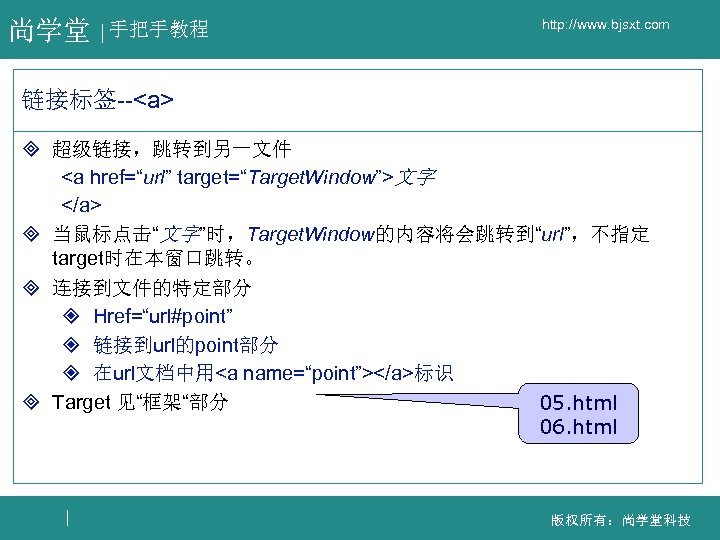 尚学堂 手把手教程 http: //www. bjsxt. com 链接标签--<a> ³ 超级链接，跳转到另一文件 <a href=“url” target=“Target. Window”>文字 </a>