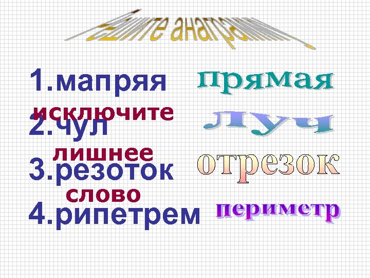 1. мапряя исключите 2. чул лишнее 3. резоток слово 4. рипетрем 