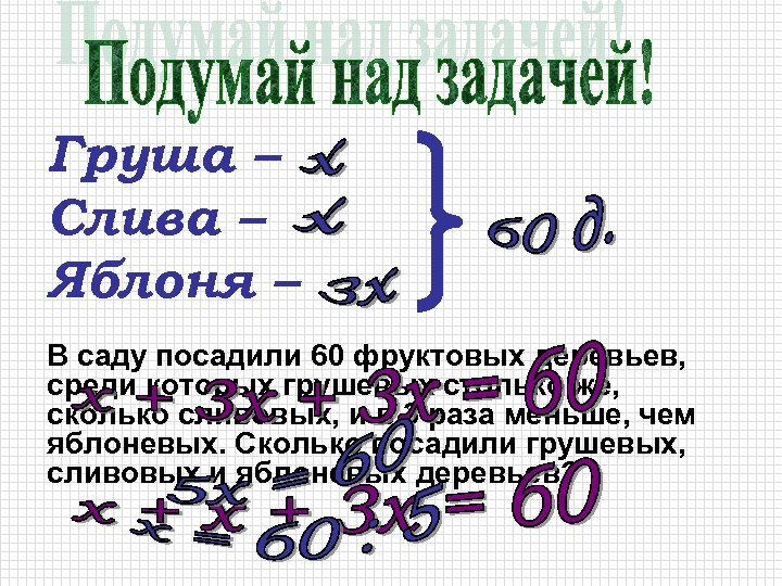 Груша – Слива – Яблоня – В саду посадили 60 фруктовых деревьев, среди которых