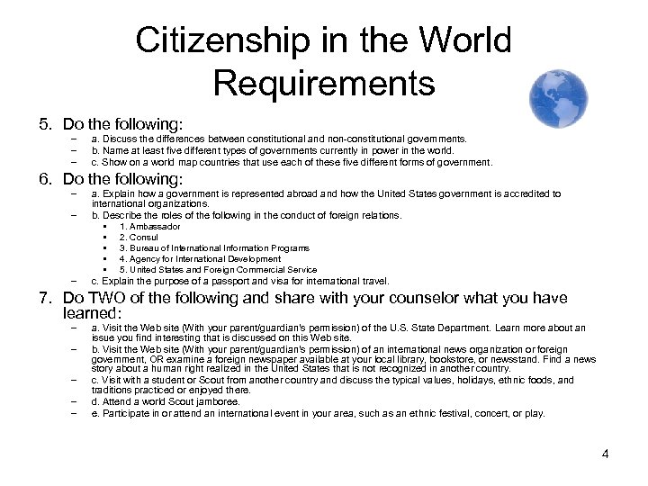 Citizenship in the World Requirements 5. Do the following: – – – a. Discuss