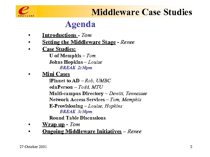 Middleware Case Studies Agenda • • • Introductions - Tom Setting the Middleware Stage
