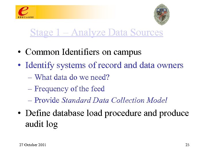Stage 1 – Analyze Data Sources • Common Identifiers on campus • Identify systems