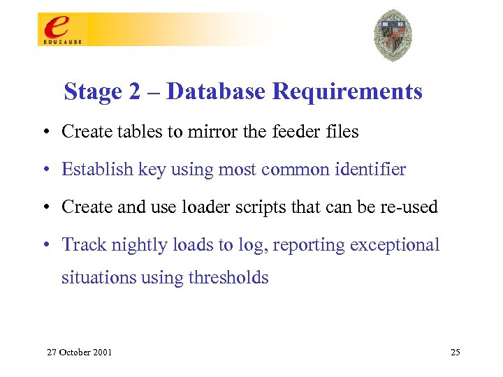 Stage 2 – Database Requirements • Create tables to mirror the feeder files •