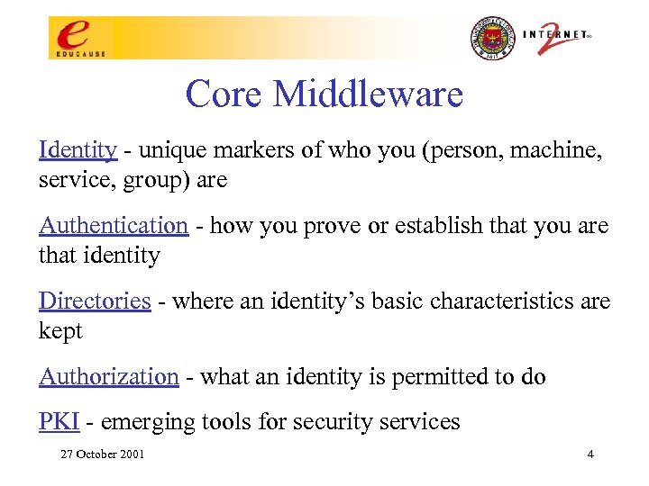 Core Middleware Identity - unique markers of who you (person, machine, service, group) are