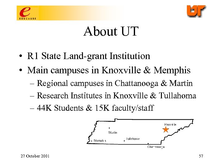 About UT • R 1 State Land-grant Institution • Main campuses in Knoxville &