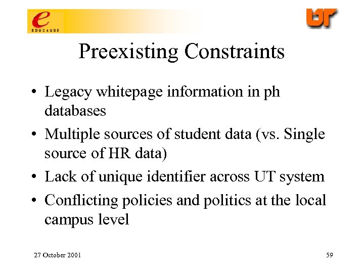 Preexisting Constraints • Legacy whitepage information in ph databases • Multiple sources of student