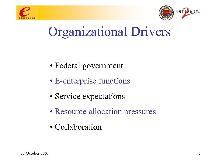 Organizational Drivers • Federal government • E-enterprise functions • Service expectations • Resource allocation