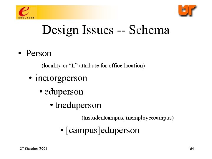 Design Issues -- Schema • Person (locality or “L” attribute for office location) •