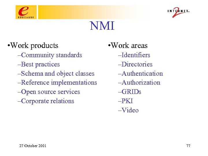 NMI • Work products –Community standards –Best practices –Schema and object classes –Reference implementations
