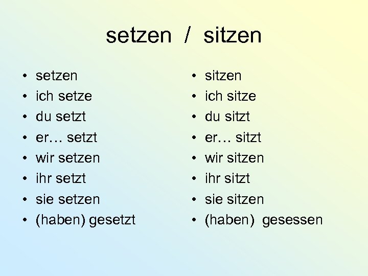 setzen / sitzen • • setzen ich setze du setzt er… setzt wir setzen