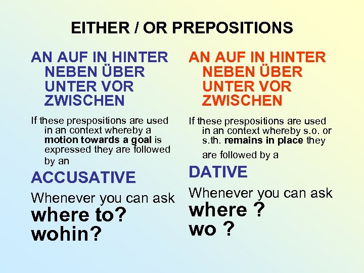 EITHER / OR PREPOSITIONS AN AUF IN HINTER NEBEN ÜBER UNTER VOR ZWISCHEN If