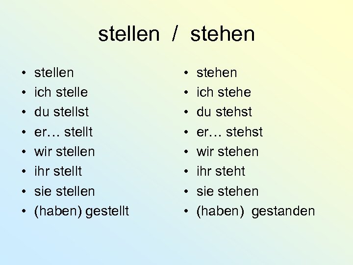 stellen / stehen • • stellen ich stelle du stellst er… stellt wir stellen