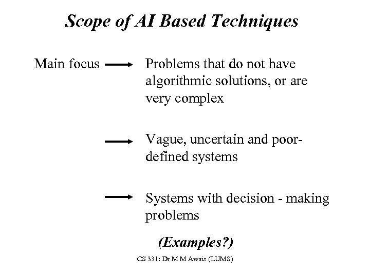Scope of AI Based Techniques Main focus Problems that do not have algorithmic solutions,