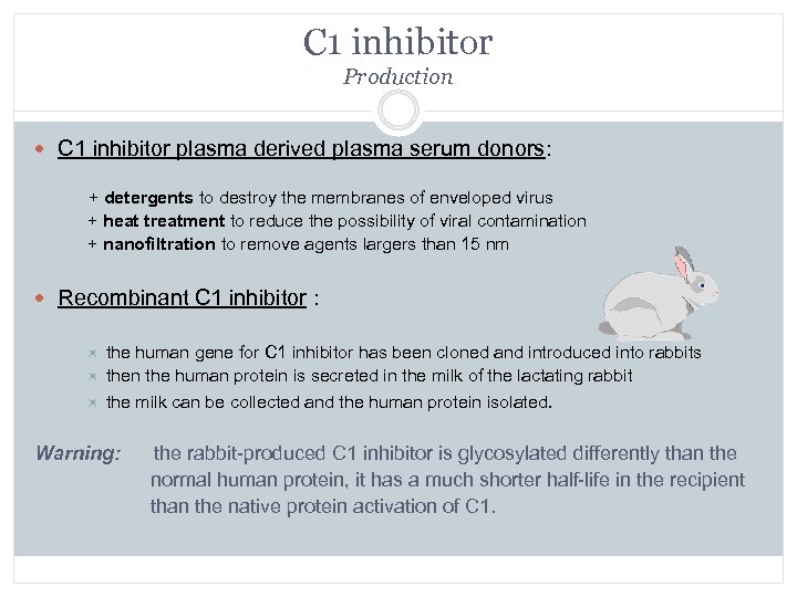 C 1 inhibitor Production C 1 inhibitor plasma derived plasma serum donors: + detergents