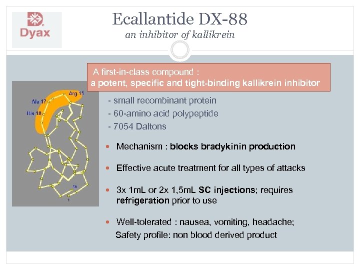 Ecallantide DX-88 an inhibitor of kallikrein A first-in-class compound : a potent, specific and