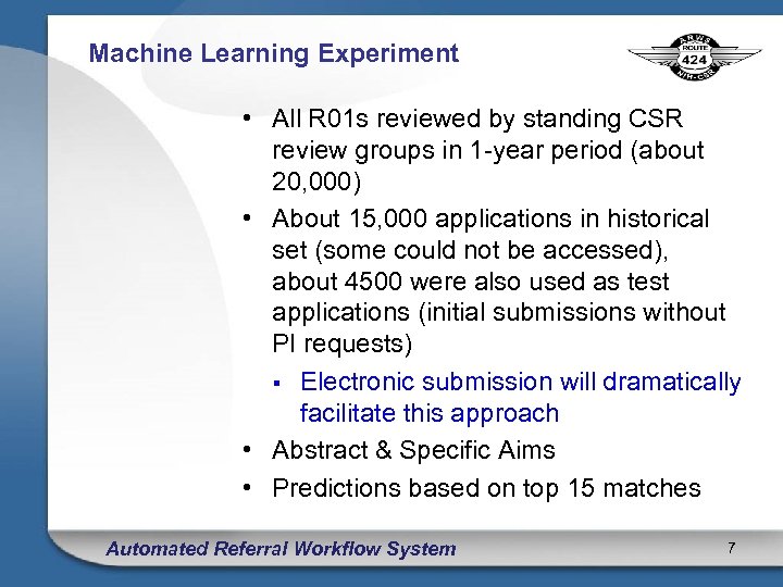 Machine Learning Experiment • All R 01 s reviewed by standing CSR review groups