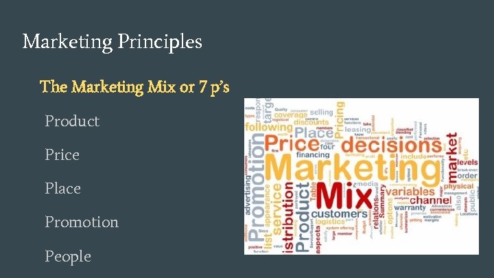 Marketing Principles The Marketing Mix or 7 p’s Product Price Place Promotion People 