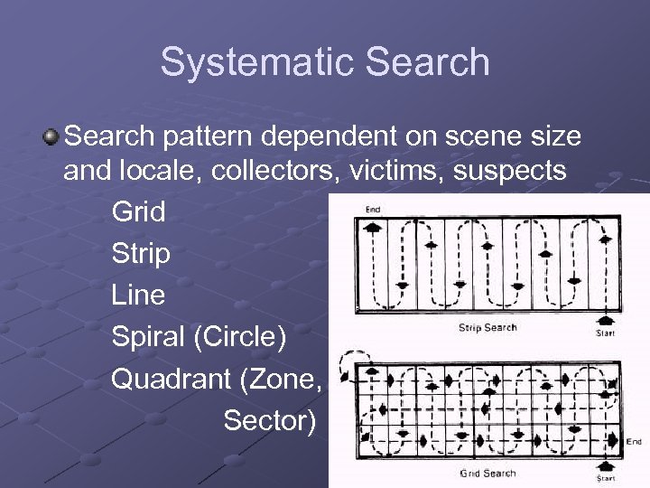 Systematic Search pattern dependent on scene size and locale, collectors, victims, suspects Grid Strip