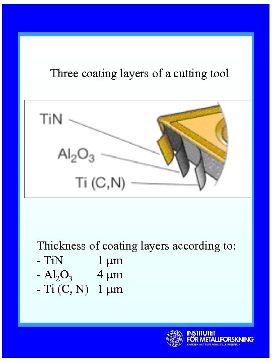 Three coating layers of a cutting tool Thickness of coating layers according to: -