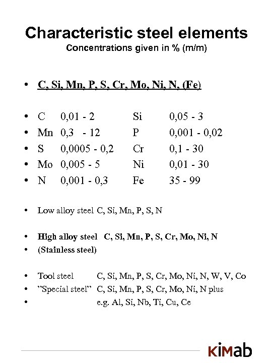 Characteristic steel elements Concentrations given in % (m/m) • C, Si, Mn, P, S,