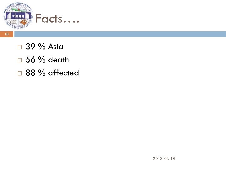 Facts…. 10 39 % Asia 56 % death 88 % affected 2018 -03 -18