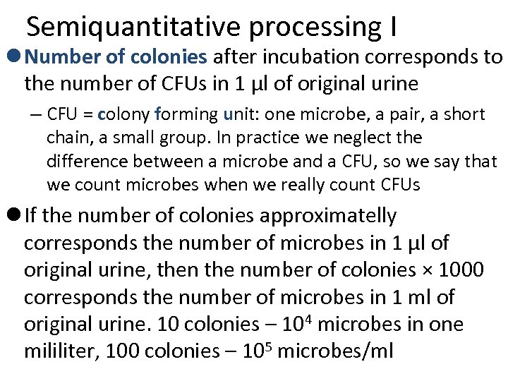 Semiquantitative processing I l Number of colonies after incubation corresponds to the number of