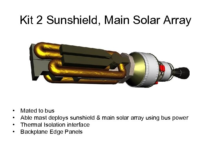 Kit 2 Sunshield, Main Solar Array • • Mated to bus Able mast deploys