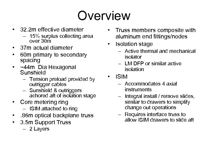 Overview • 32. 2 m effective diameter – 15% surplus collecting area over 30