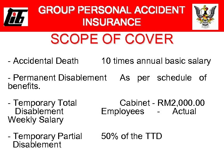 GROUP PERSONAL ACCIDENT INSURANCE SCOPE OF COVER - Accidental Death 10 times annual basic