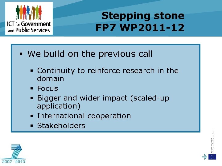Stepping stone FP 7 WP 2011 -12 § We build on the previous call