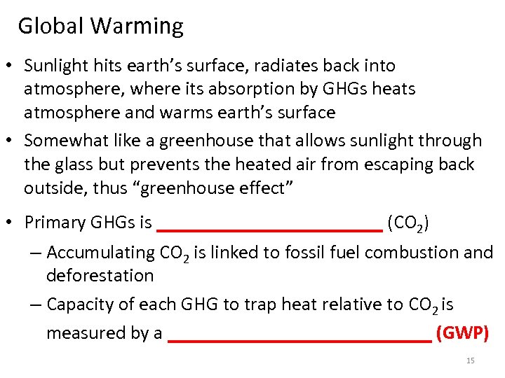 Global Warming • Sunlight hits earth’s surface, radiates back into atmosphere, where its absorption