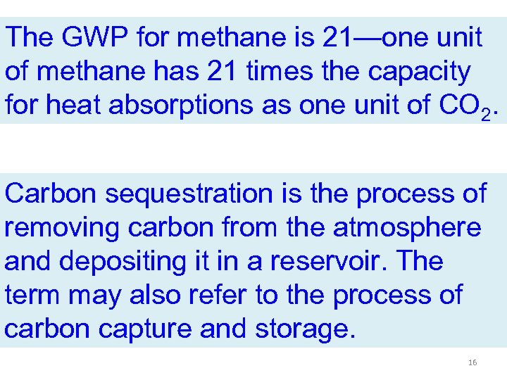 The GWP for methane is 21—one unit of methane has 21 times the capacity