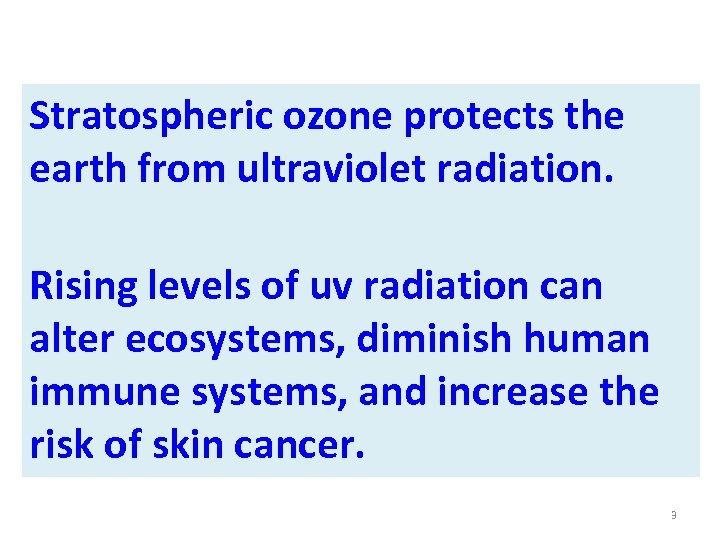 Stratospheric ozone protects the earth from ultraviolet radiation. Rising levels of uv radiation can