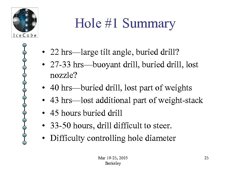 Hole #1 Summary • 22 hrs—large tilt angle, buried drill? • 27 -33 hrs—buoyant