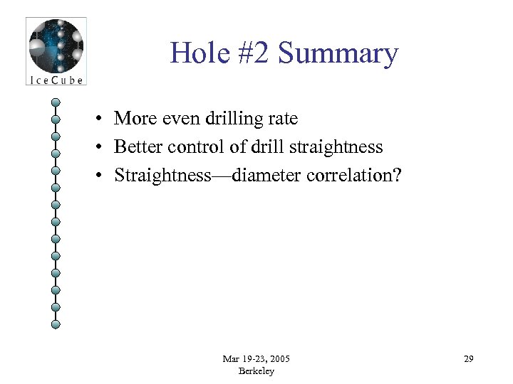 Hole #2 Summary • More even drilling rate • Better control of drill straightness