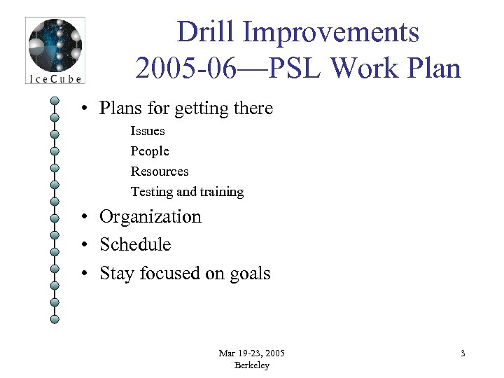 Drill Improvements 2005 -06—PSL Work Plan • Plans for getting there Issues People Resources