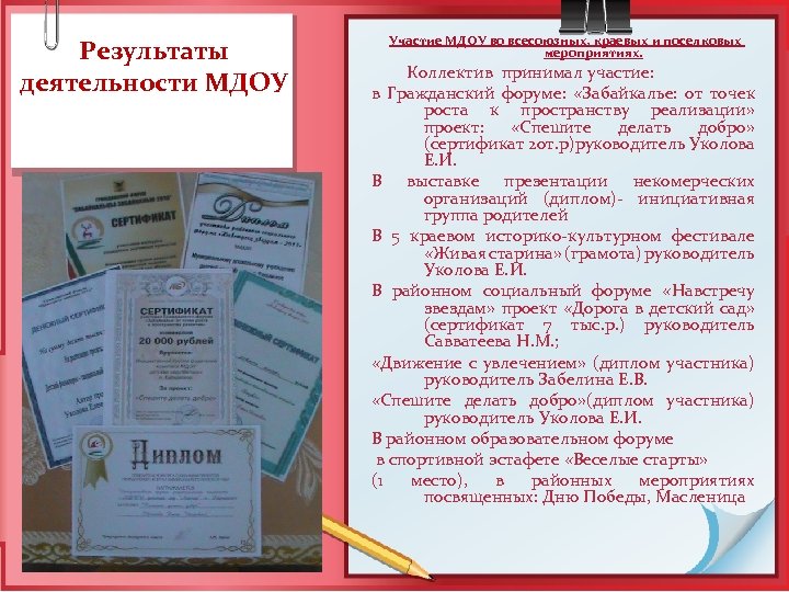 Результаты деятельности МДОУ Участие МДОУ во всесоюзных, краевых и поселковых мероприятиях. Коллектив принимал участие: